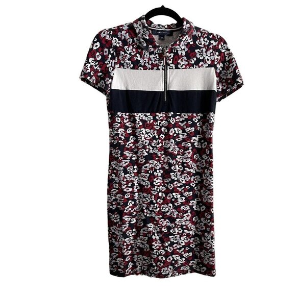 Tommy Hilfiger Women SZ S Blue/Red/White Floral 1/4 Zip Collared S/S Shirt Dress - Picture 1 of 7